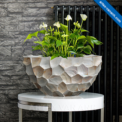 Crazy cutting mother of pearl (MOP) seashell planters, Made in Vietnam.