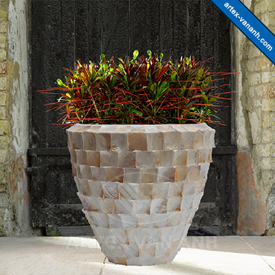 Square cutting mother of pearl (MOP) seashell planters. Made in Vietnam.